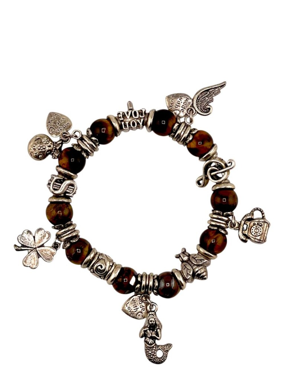 Tiger’s Eye Charm Bracelet Boho Stretch Beaded Silver Tone Mermaid Clover - Picture 3 of 11